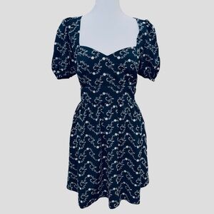Francesca’s Embroidered Mini Dress Navy Blue Open Back Puff Sleeve Medium NWT